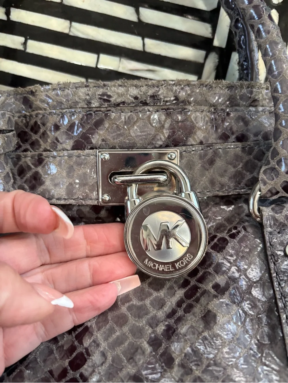 Authentic Michael Kors Gray Snakeskin-Embossed Satchel with Silver Hardware
